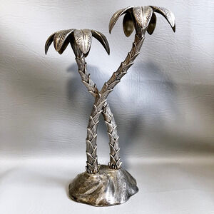 Vtg Godinger Silver Plated Palm Tree Candle Holder 10” Tropical Beach Decor